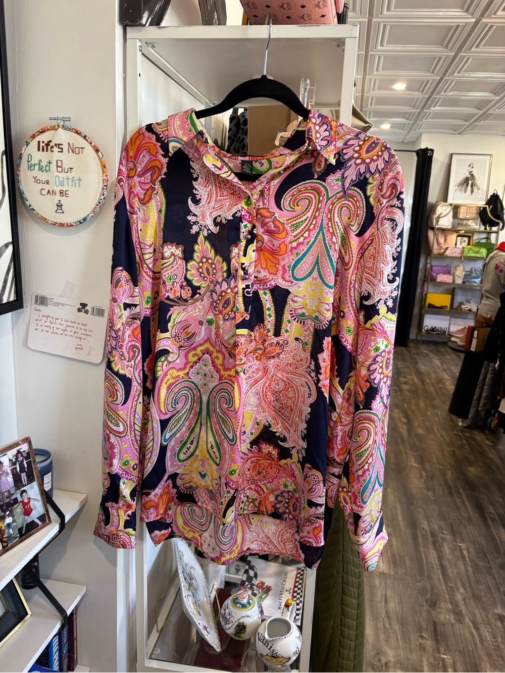 Ralph Lauren Navy Paisley Button-Down Blouse with Pink & Green Accents